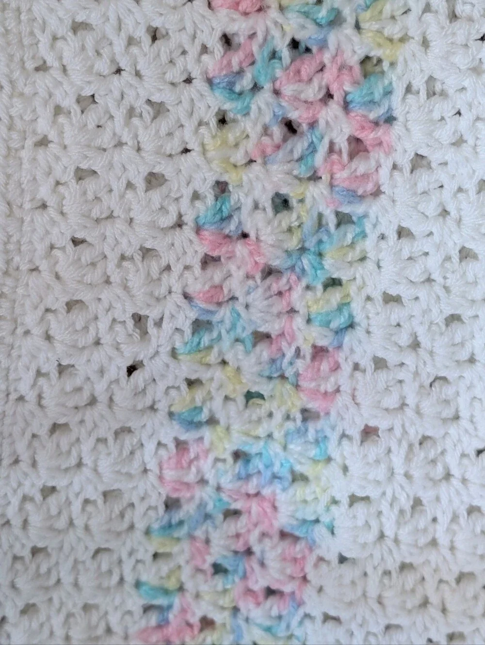 Handmade White Crochet Blanket / Knitted Throw Blanket with Pastel Stripes 36x36